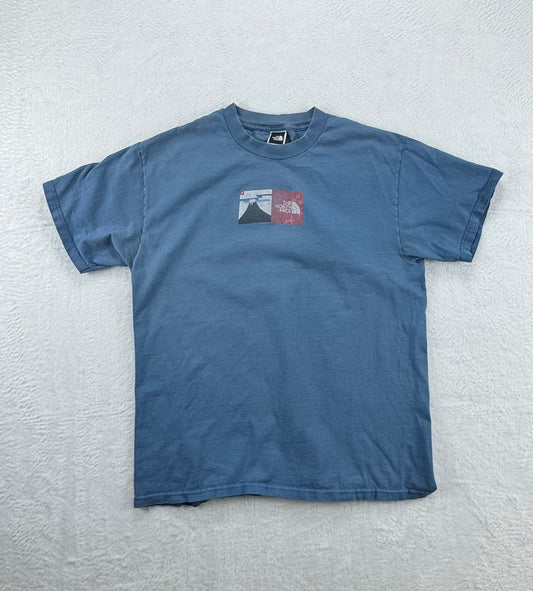 Vintage 90s The North Face T-Shirt – Blue – Small Logo Graphic – Size Large