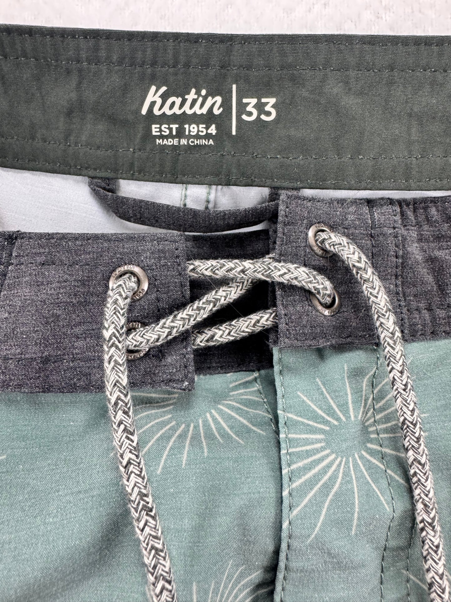 Katin Sunburst Surf Trunks – Sage Green – Size 33 – Recycled Stretch Boardshorts
