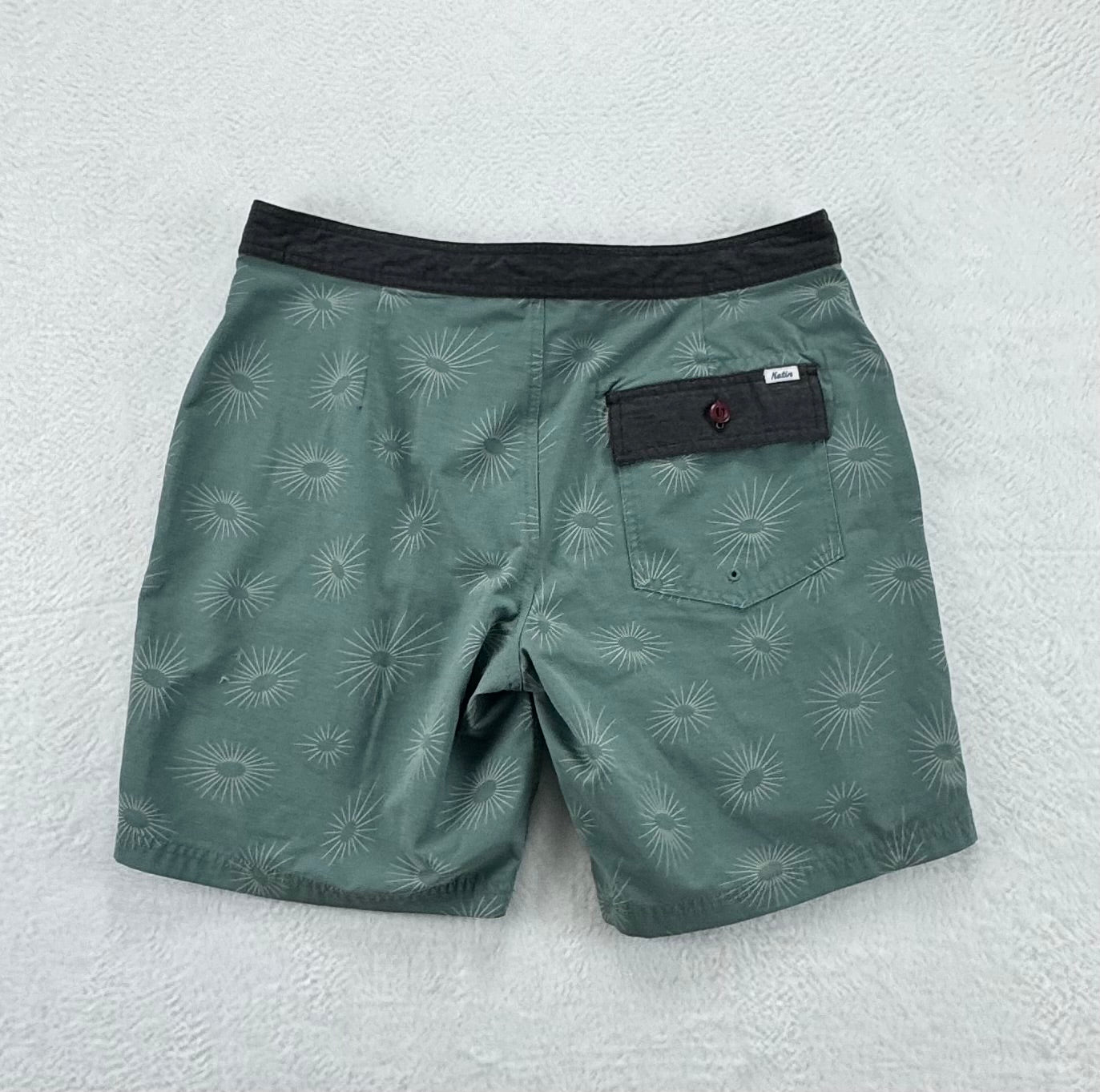 Katin Sunburst Surf Trunks – Sage Green – Size 33 – Recycled Stretch Boardshorts