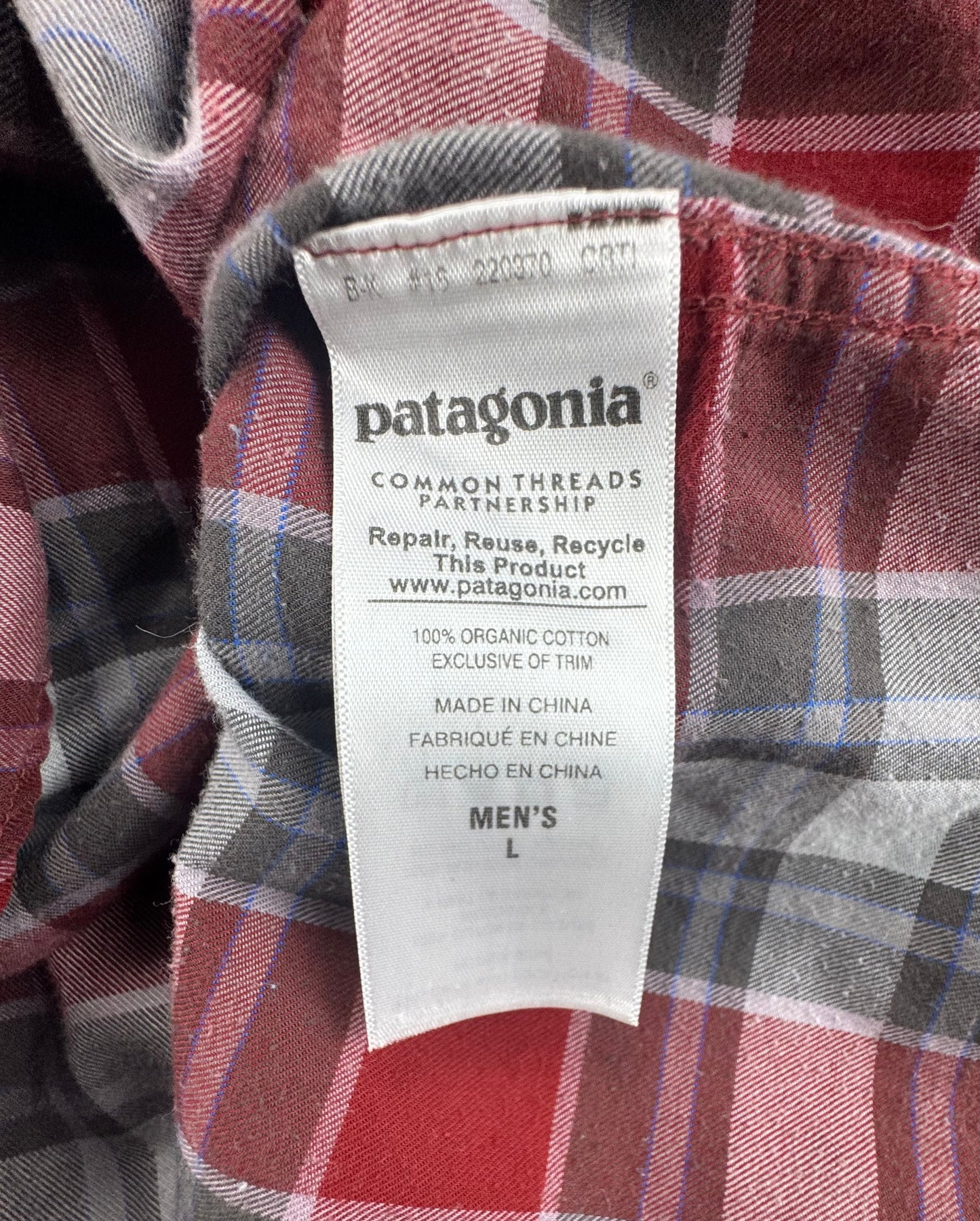 Patagonia Organic Cotton Plaid Button-Up Shirt Red Gray Men's Large