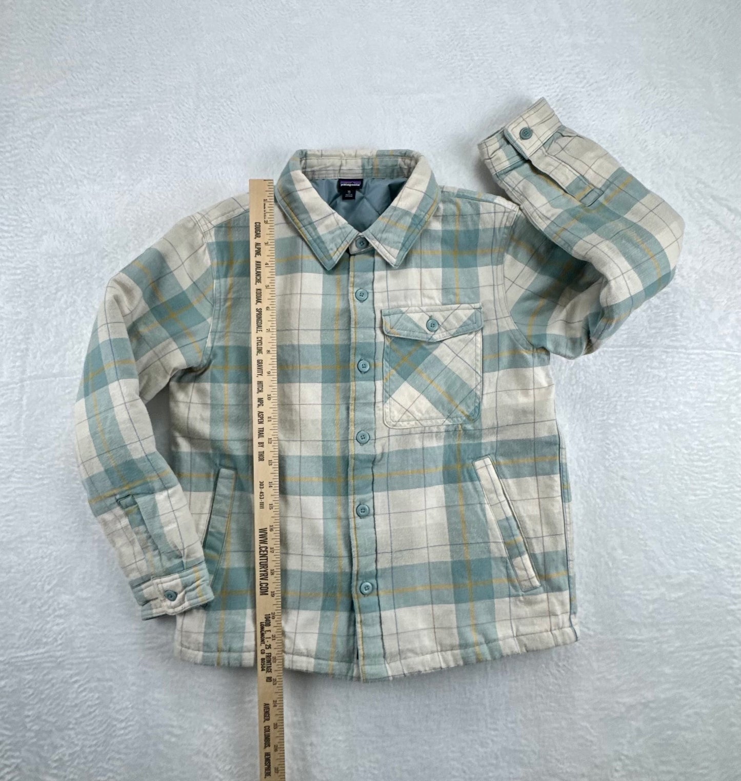 Patagonia Kids' Insulated Plaid Overshirt Jacket – Blue Plaid – XL (14)