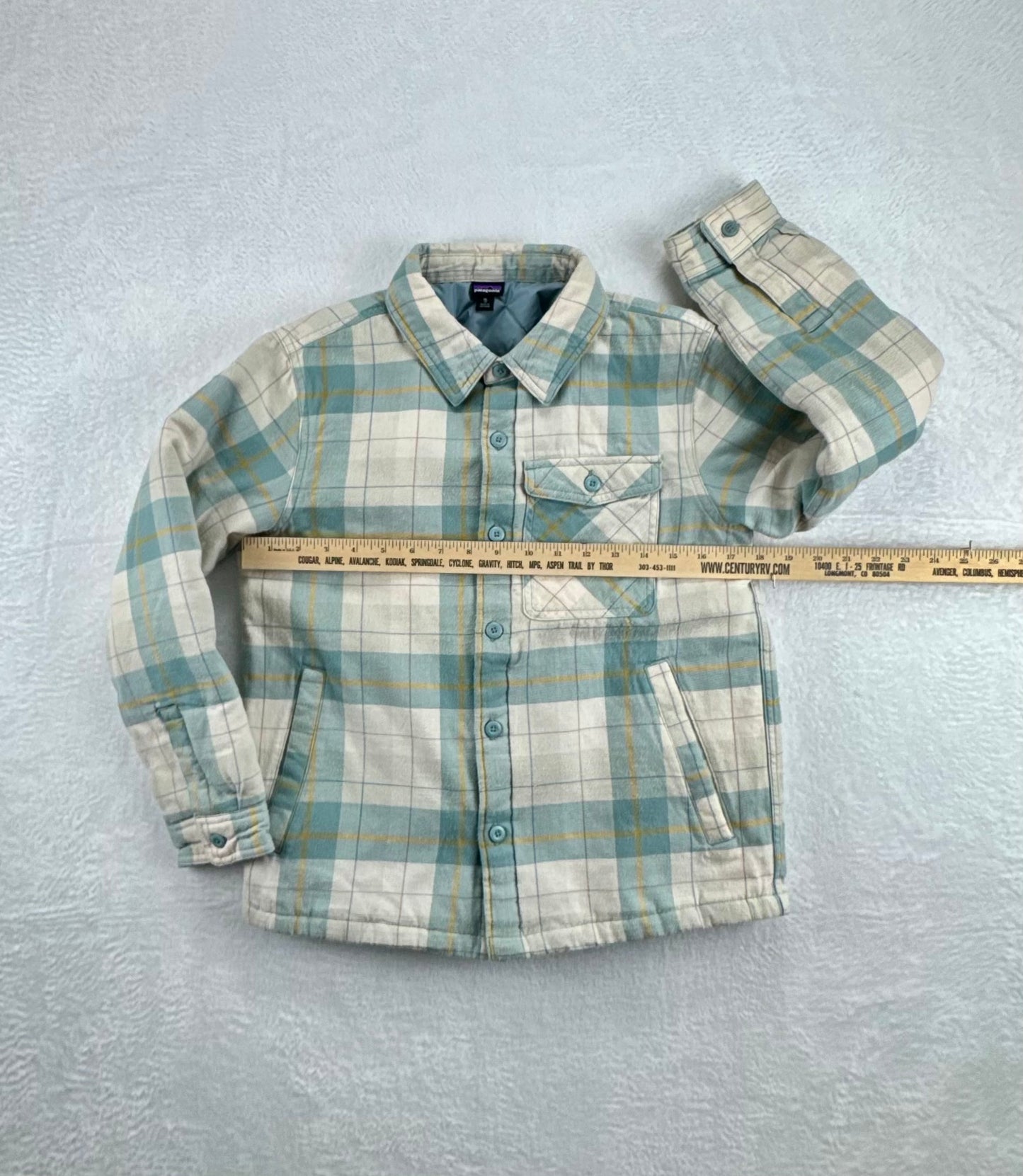 Patagonia Kids' Insulated Plaid Overshirt Jacket – Blue Plaid – XL (14)