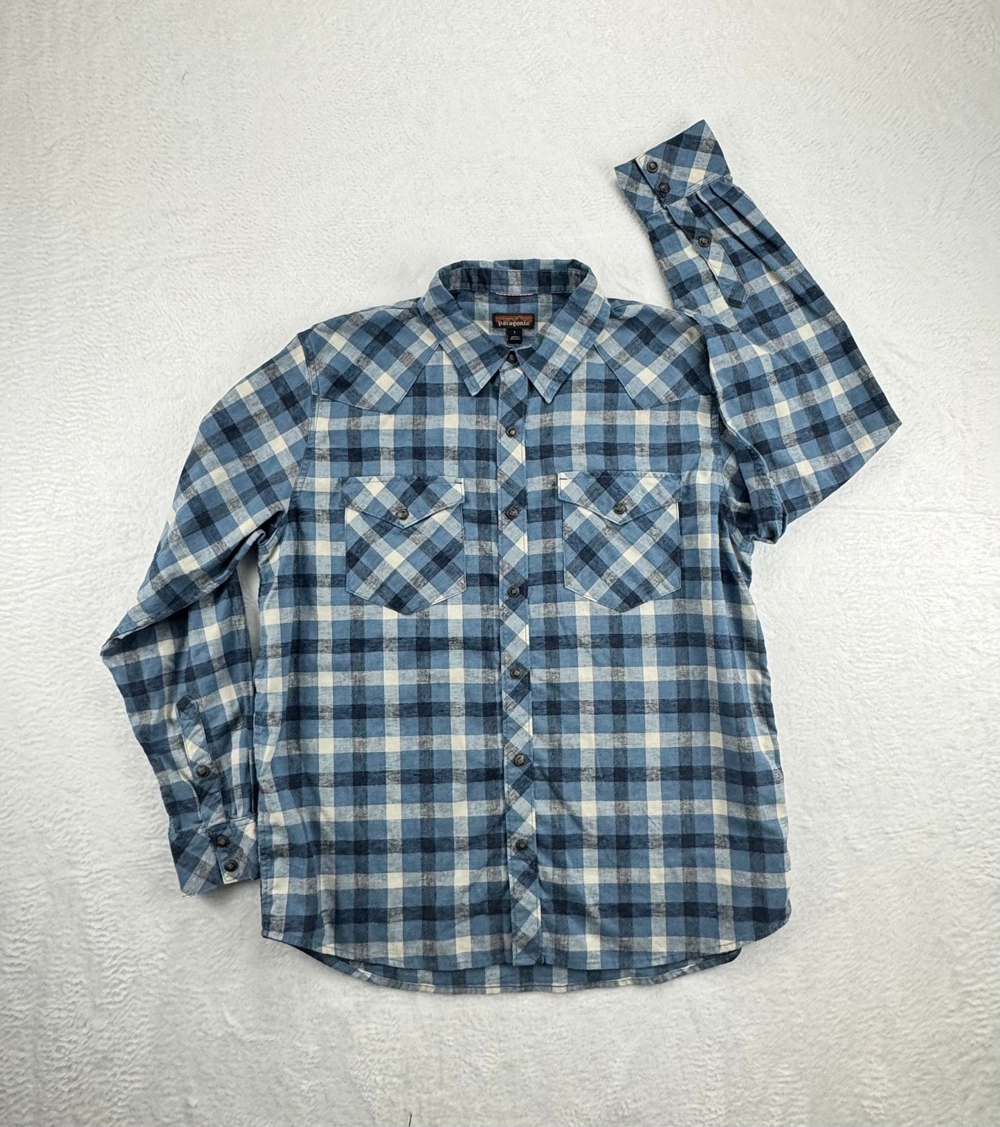 Patagonia Western Snap Shirt Men's Large Blue Plaid Hemp Blend Long Sleeve