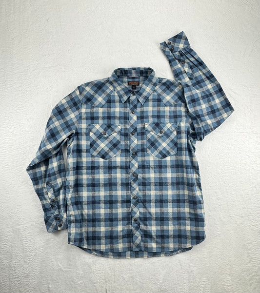 Patagonia Western Snap Shirt Men's Large Blue Plaid Hemp Blend Long Sleeve