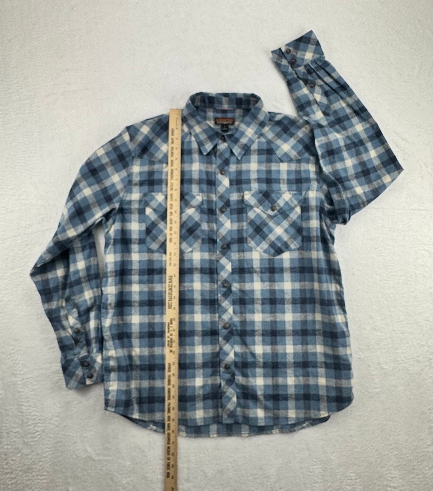 Patagonia Western Snap Shirt Men's Large Blue Plaid Hemp Blend Long Sleeve