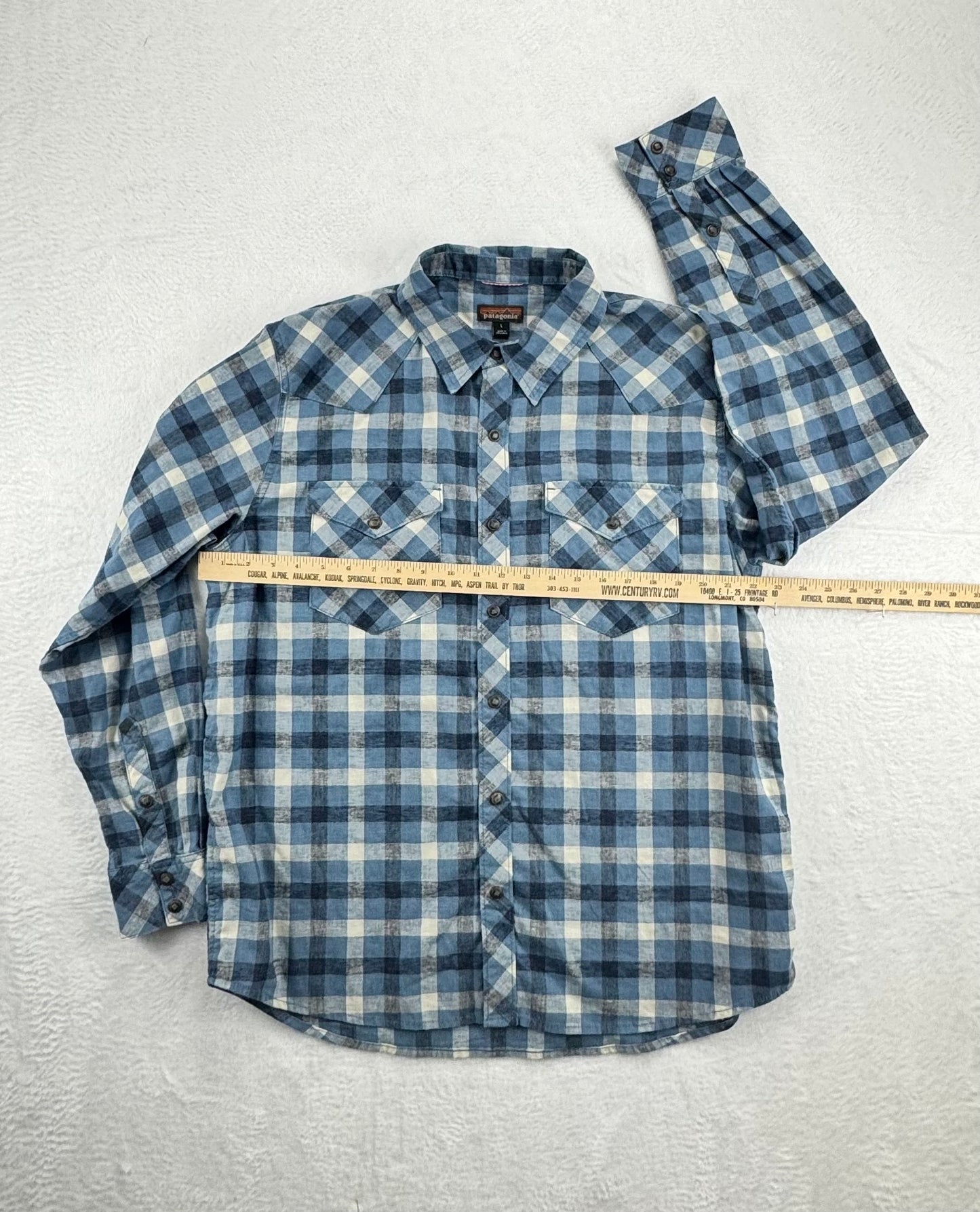 Patagonia Western Snap Shirt Men's Large Blue Plaid Hemp Blend Long Sleeve