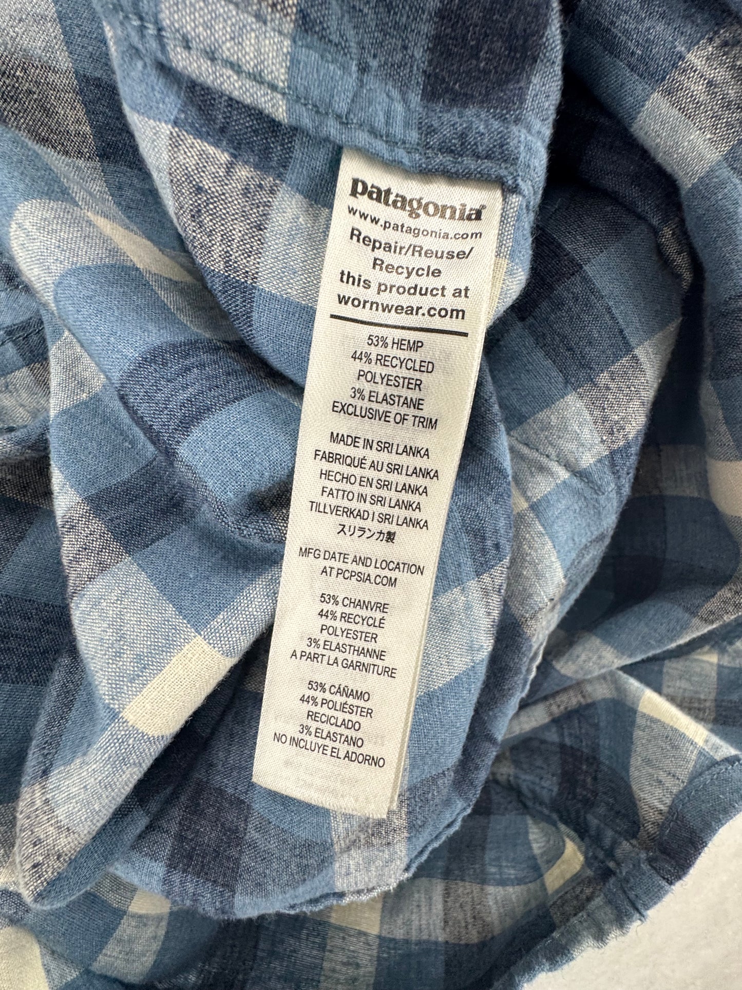 Patagonia Western Snap Shirt Men's Large Blue Plaid Hemp Blend Long Sleeve