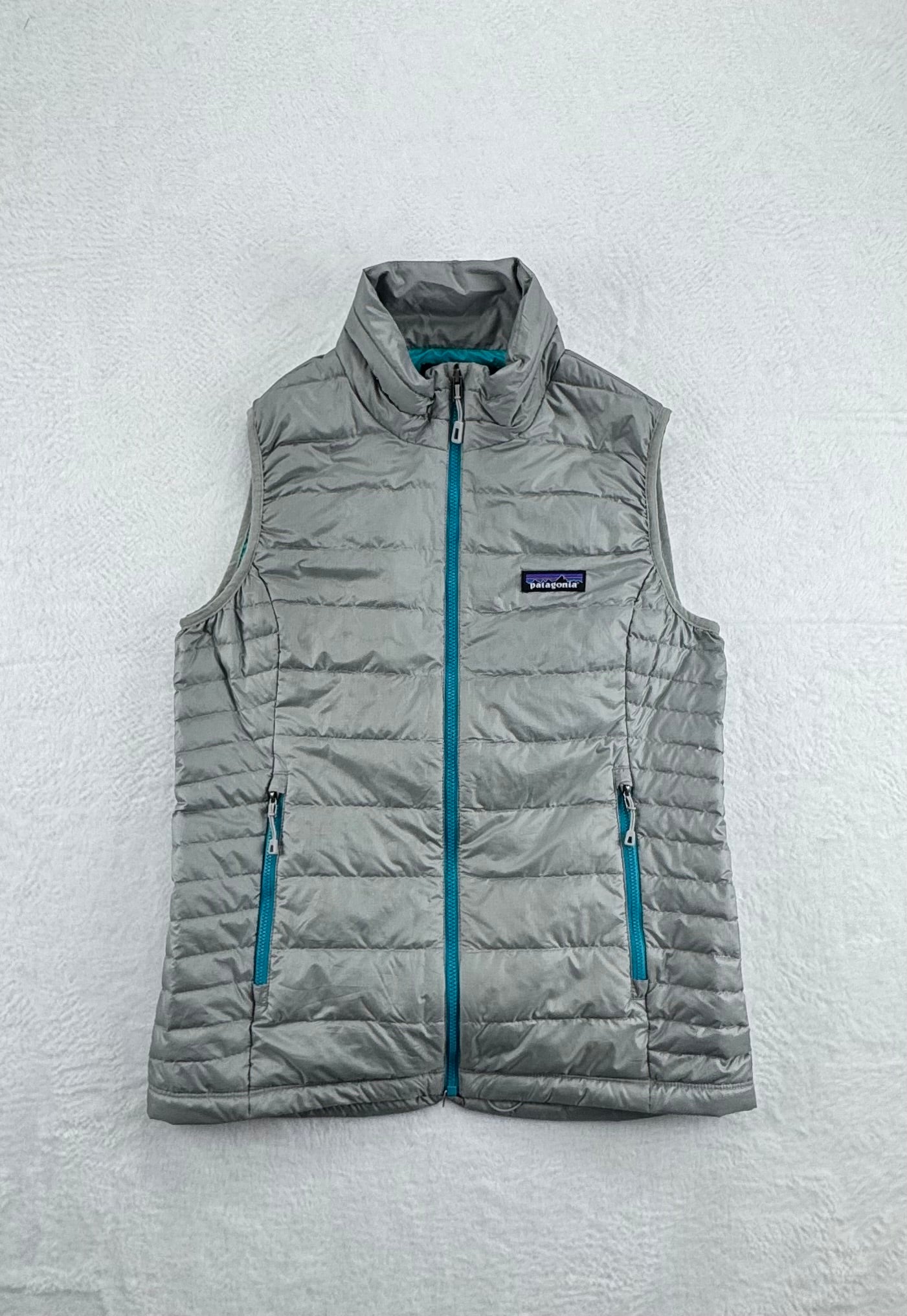 Patagonia Women's Down Sweater Vest Gray / Turquoise Goose Down Insulated Size Small