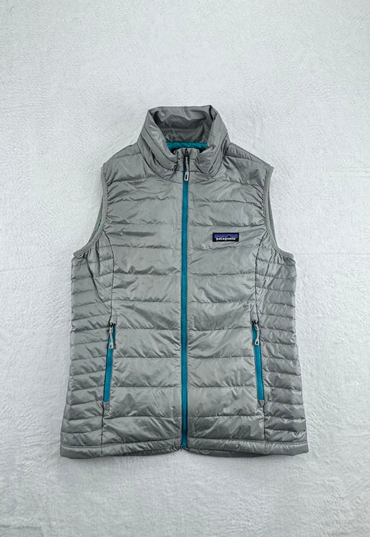 Patagonia Women's Down Sweater Vest Gray / Turquoise Goose Down Insulated Size Small
