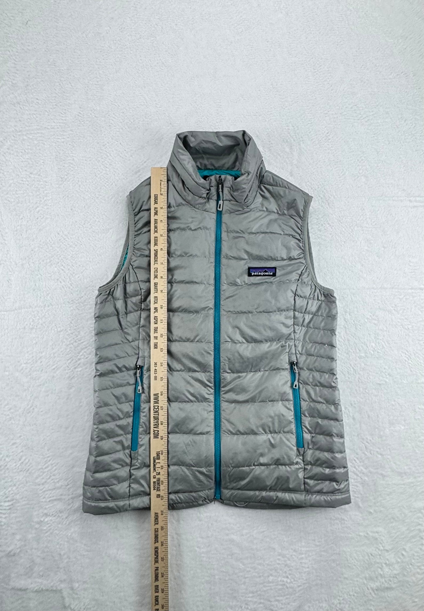 Patagonia Women's Down Sweater Vest Gray / Turquoise Goose Down Insulated Size Small