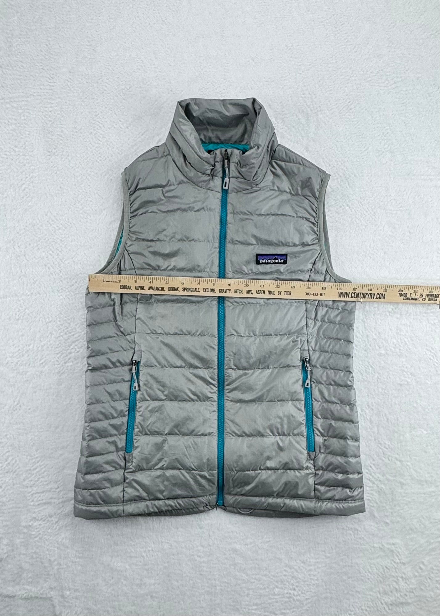Patagonia Women's Down Sweater Vest Gray / Turquoise Goose Down Insulated Size Small