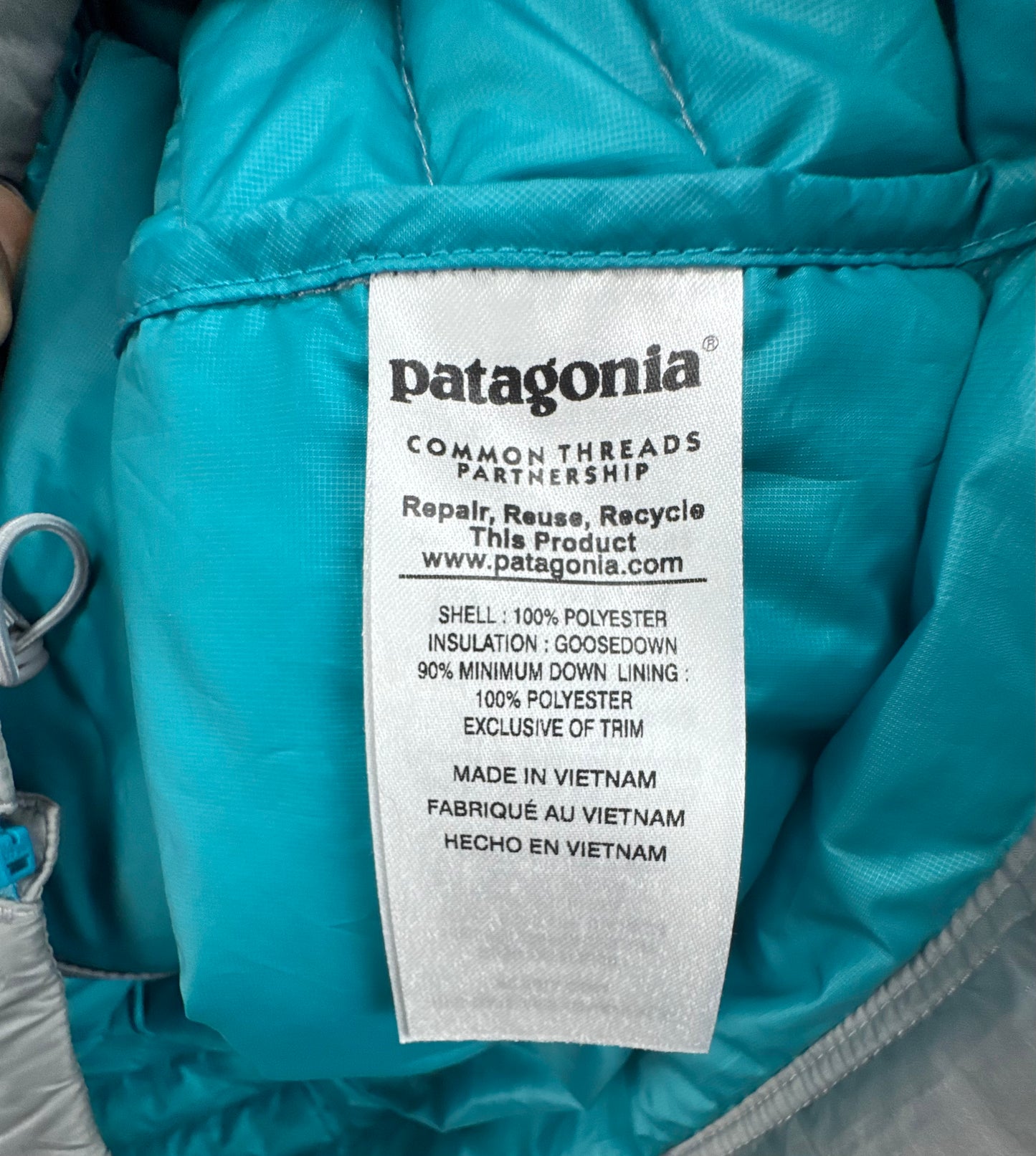 Patagonia Women's Down Sweater Vest Gray / Turquoise Goose Down Insulated Size Small