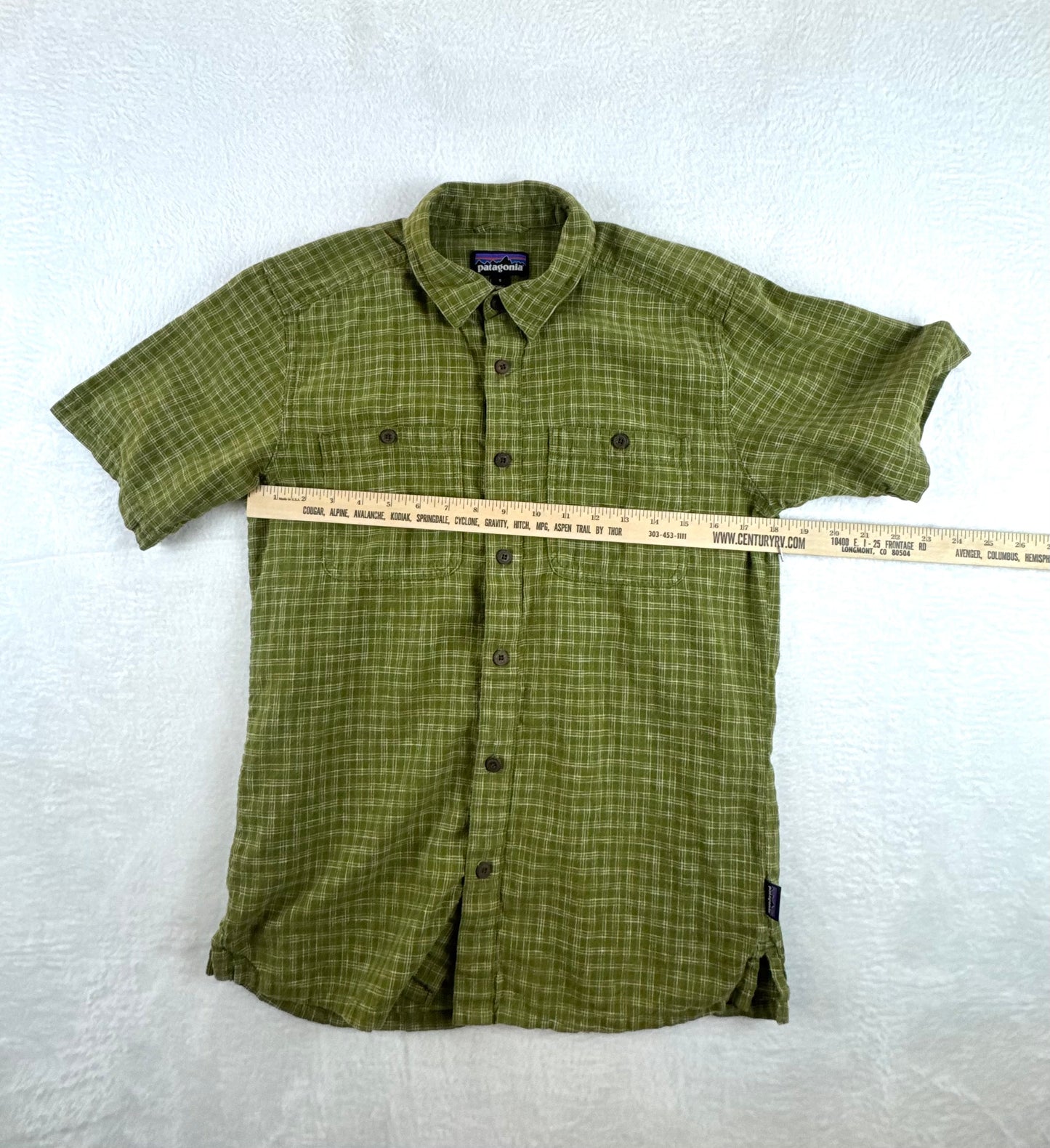 Patagonia Men’s Migration Hemp Shirt Green Plaid Short Sleeve Small