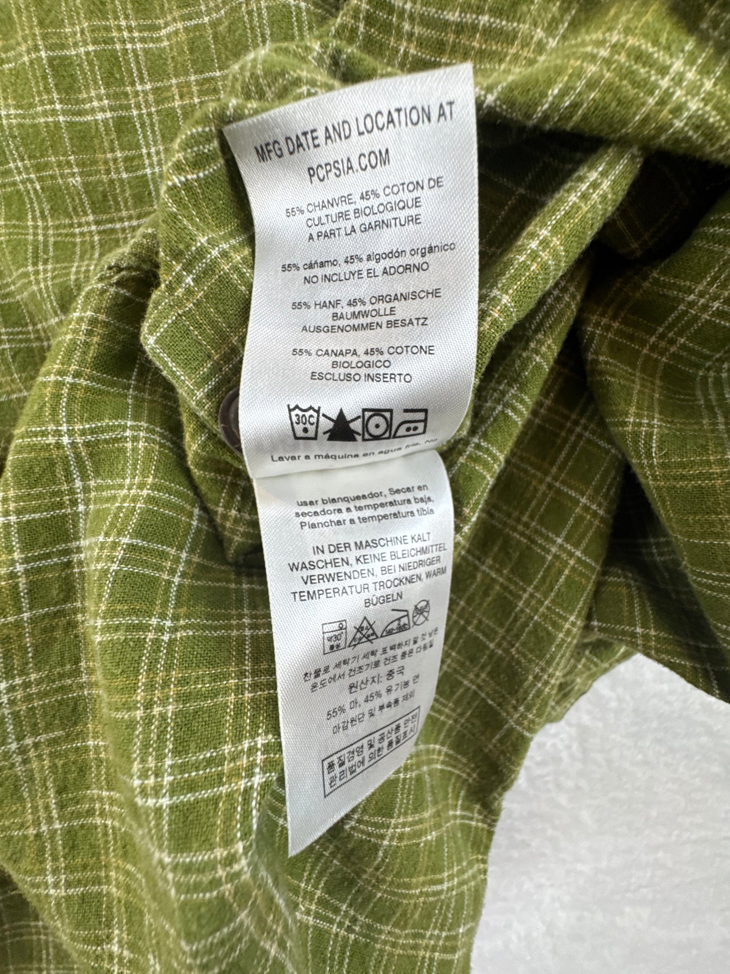 Patagonia Men’s Migration Hemp Shirt Green Plaid Short Sleeve Small