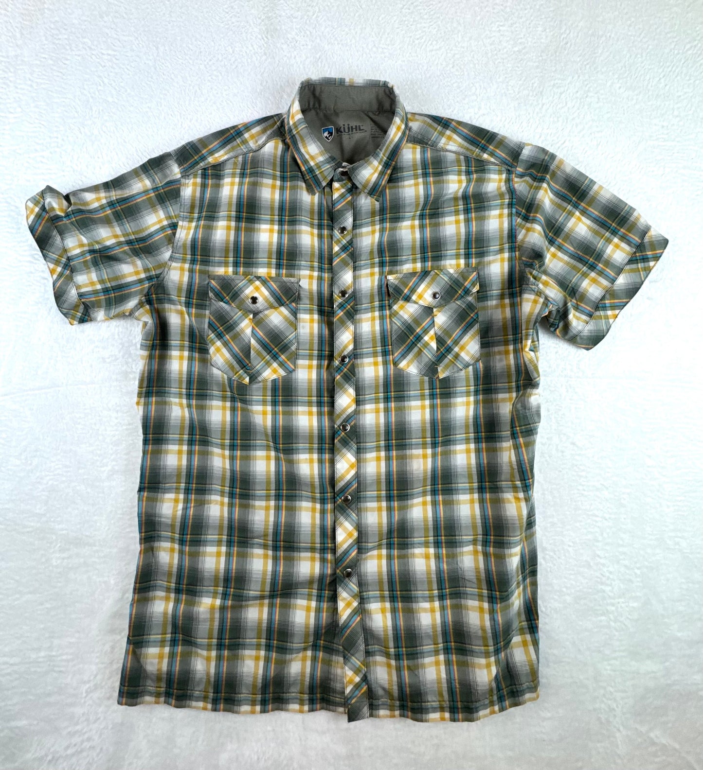 KÜHL Men’s Plaid Technical Shirt Green Yellow Pearl Snap Short Sleeve Large