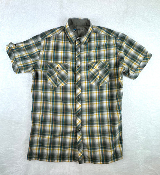 KÜHL Men’s Plaid Technical Shirt Green Yellow Pearl Snap Short Sleeve Large