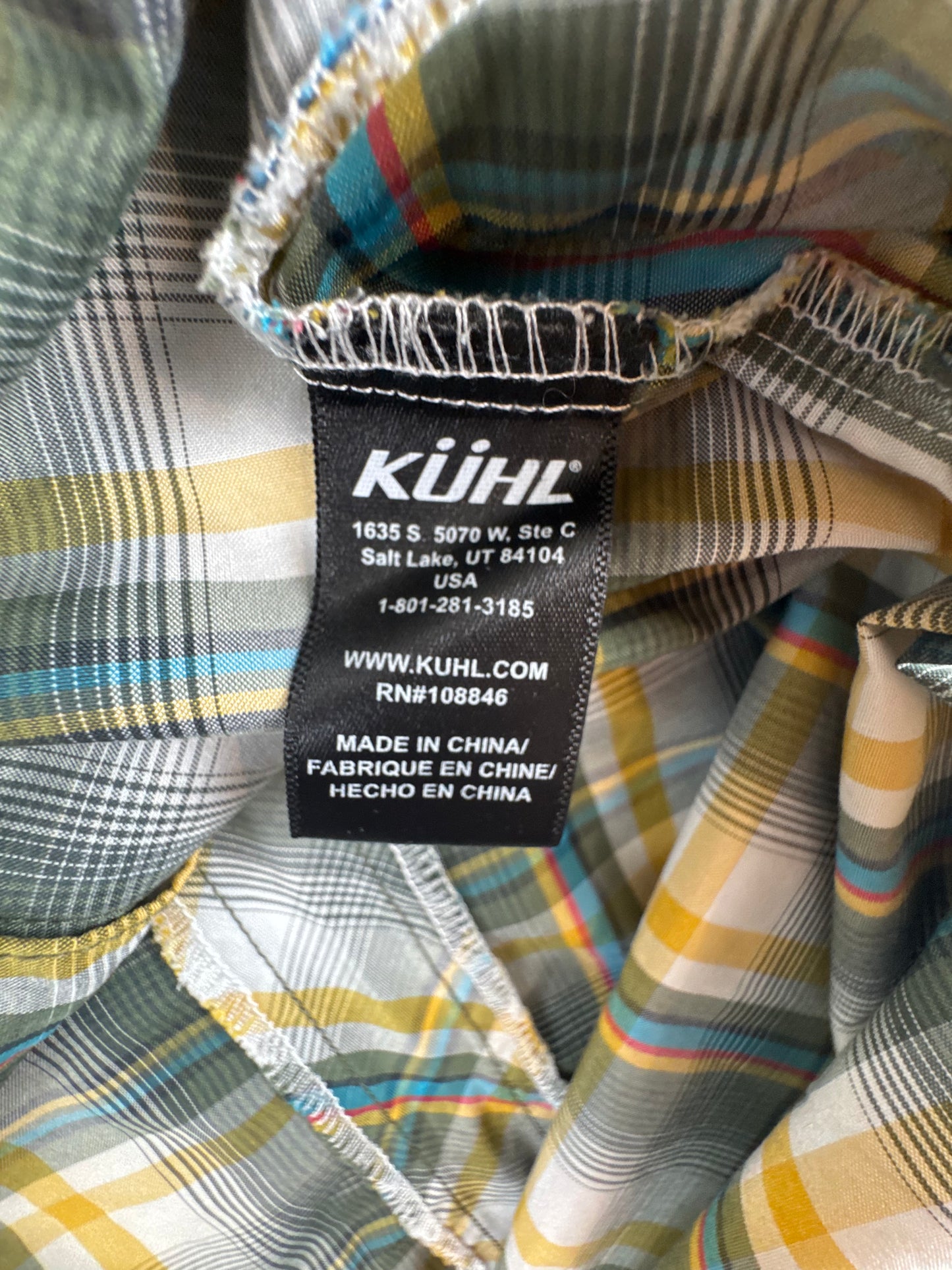KÜHL Men’s Plaid Technical Shirt Green Yellow Pearl Snap Short Sleeve Large