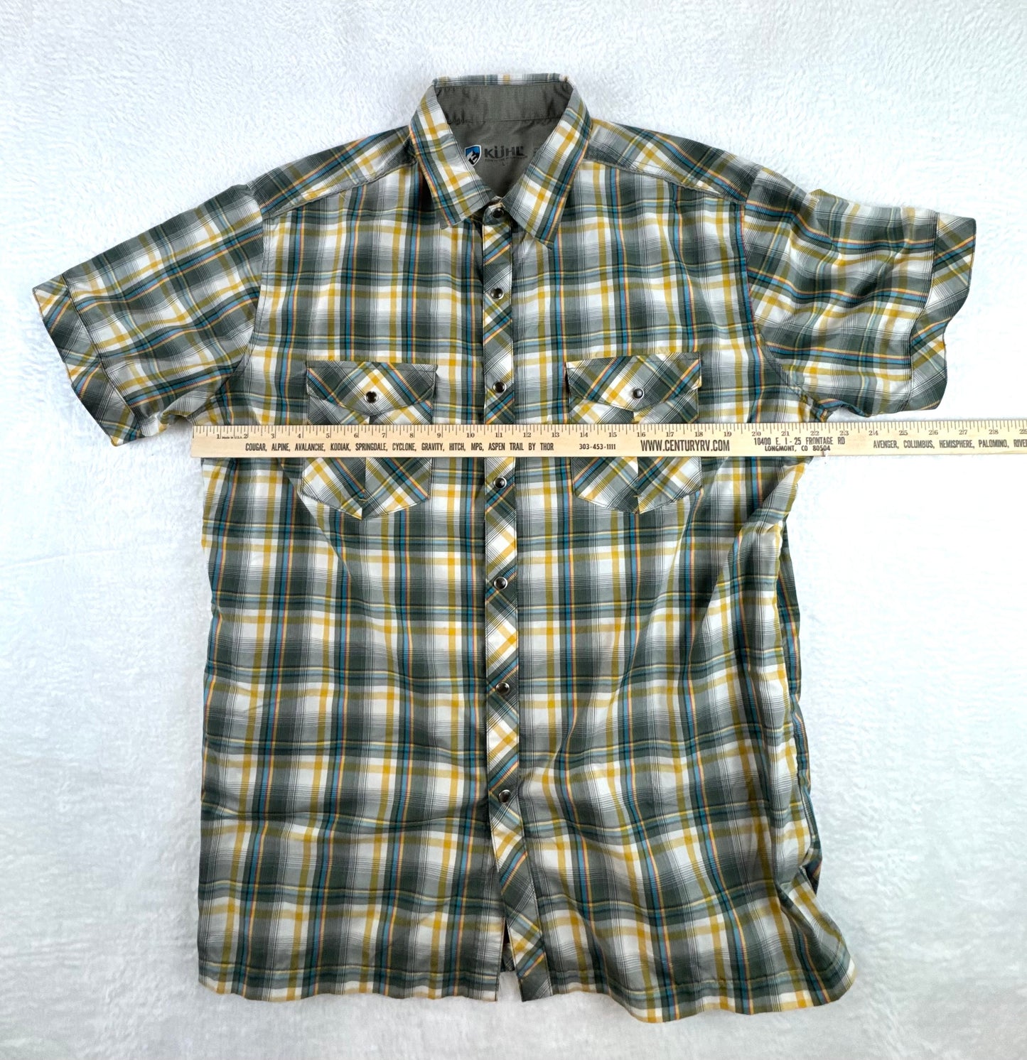 KÜHL Men’s Plaid Technical Shirt Green Yellow Pearl Snap Short Sleeve Large