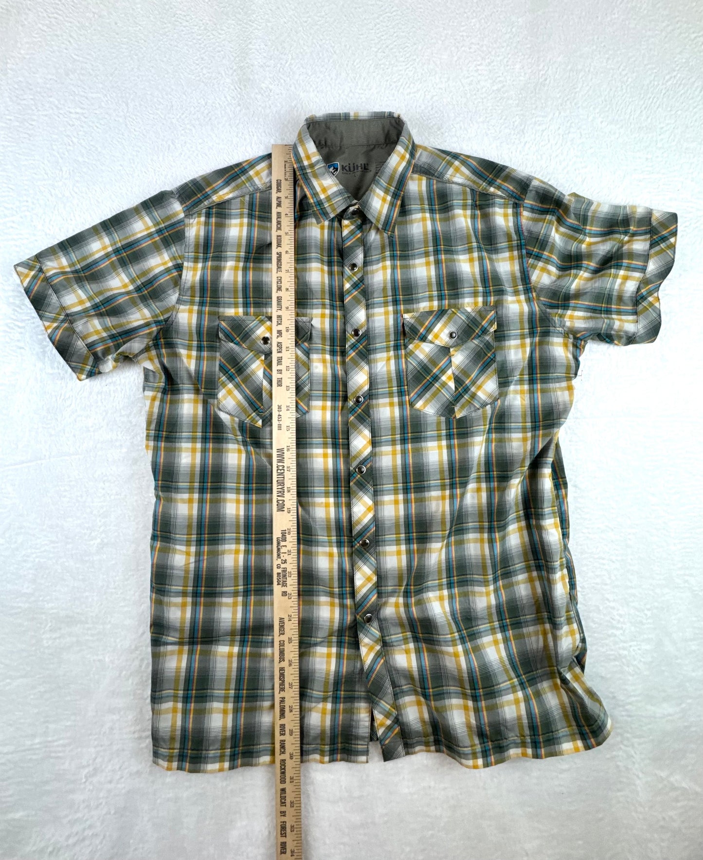 KÜHL Men’s Plaid Technical Shirt Green Yellow Pearl Snap Short Sleeve Large