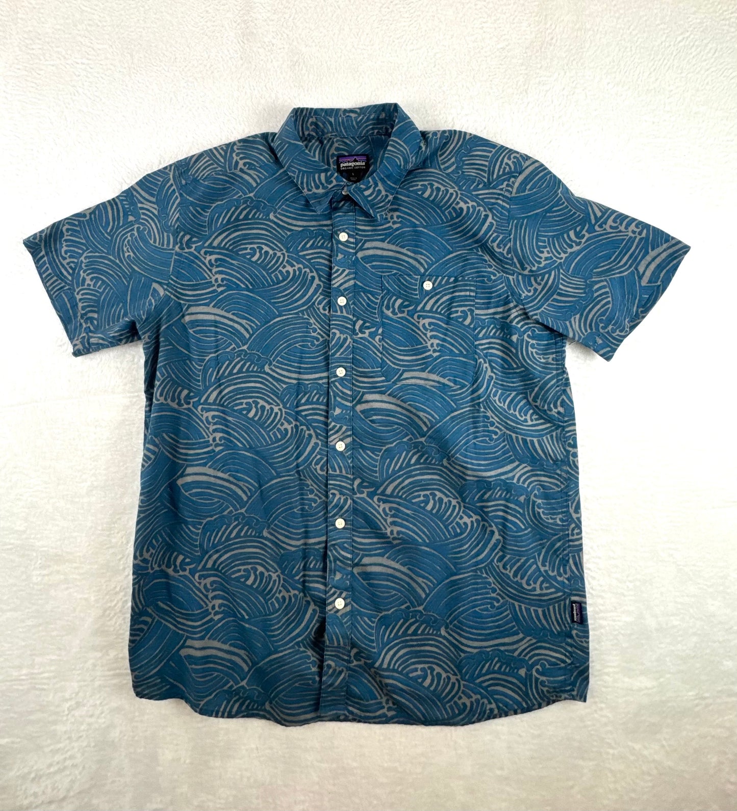 Patagonia Go-To Shirt Wave Print Blue Organic Cotton Button-Up Men's Large