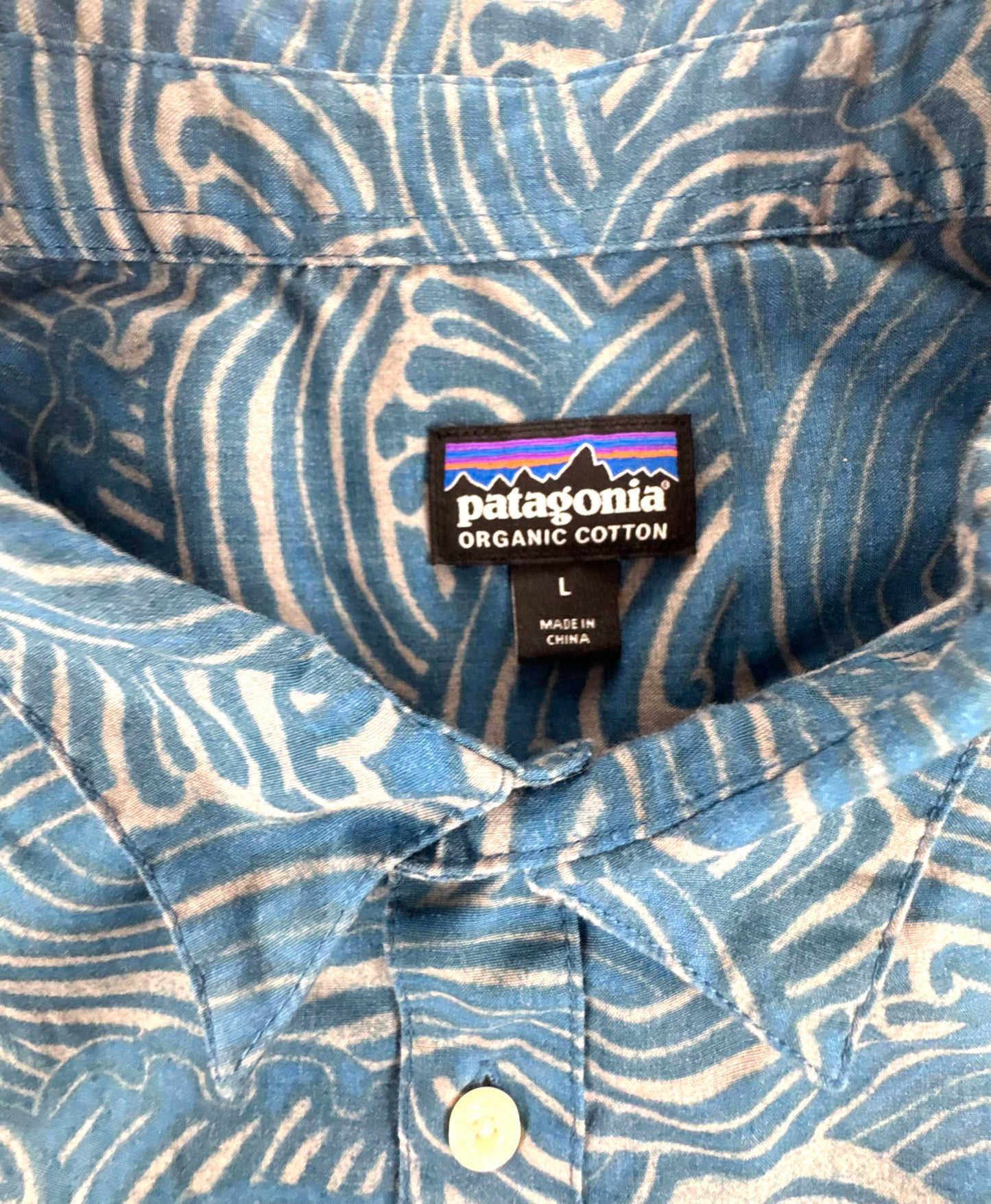 Patagonia Go-To Shirt Wave Print Blue Organic Cotton Button-Up Men's Large