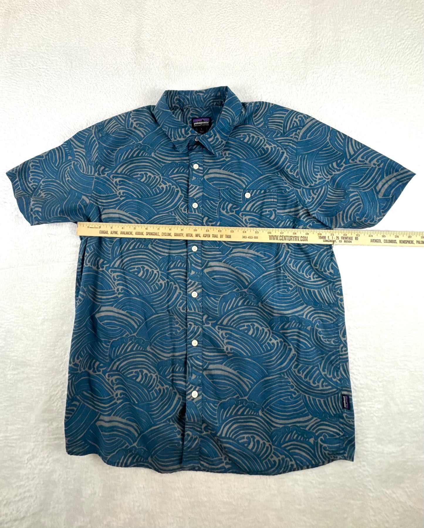 Patagonia Go-To Shirt Wave Print Blue Organic Cotton Button-Up Men's Large