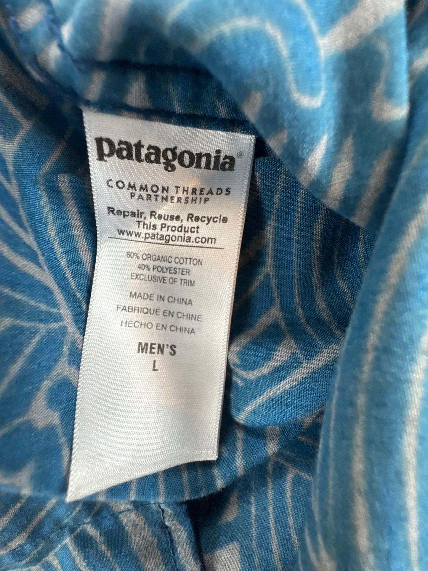 Patagonia Go-To Shirt Wave Print Blue Organic Cotton Button-Up Men's Large