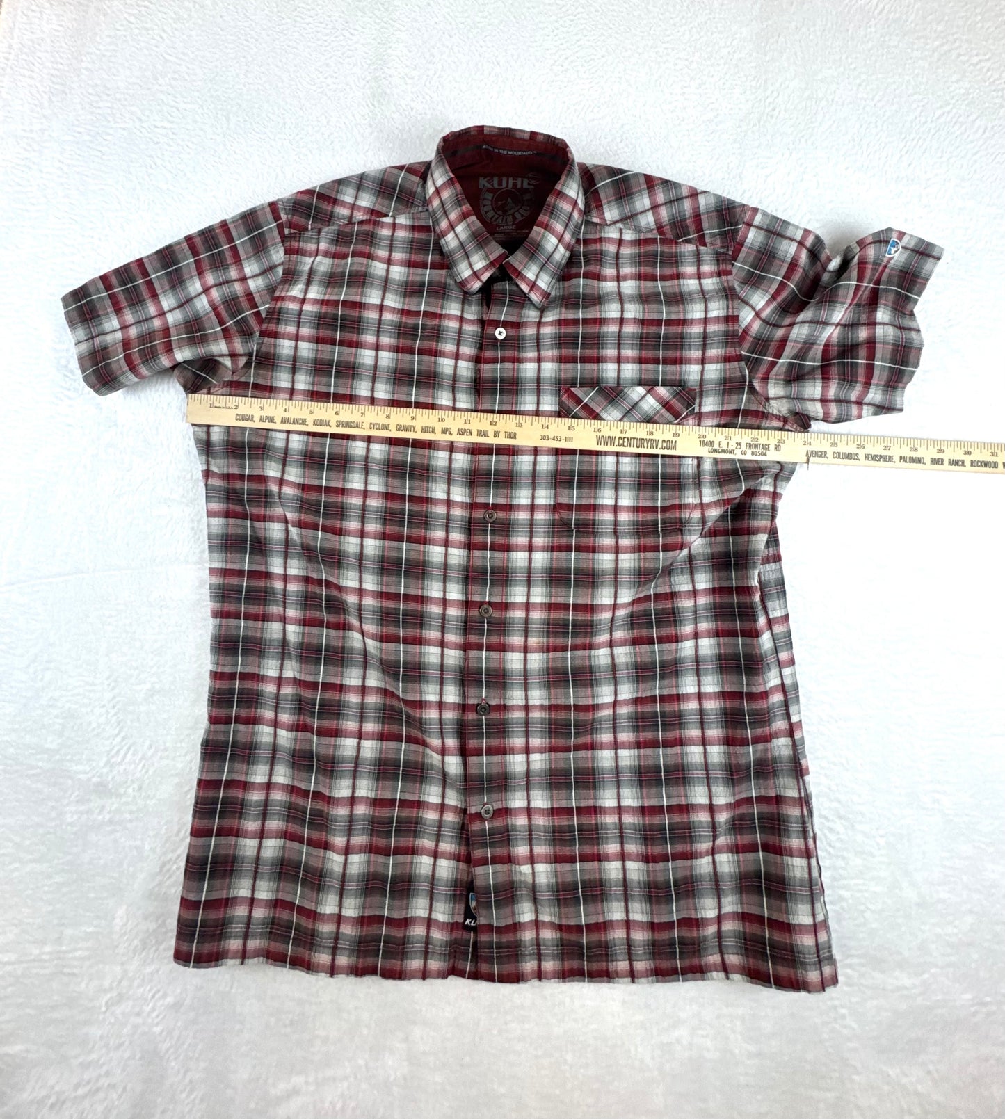 KÜHL Men’s Short Sleeve Plaid Button-Up Shirt – Red/Gray – Large