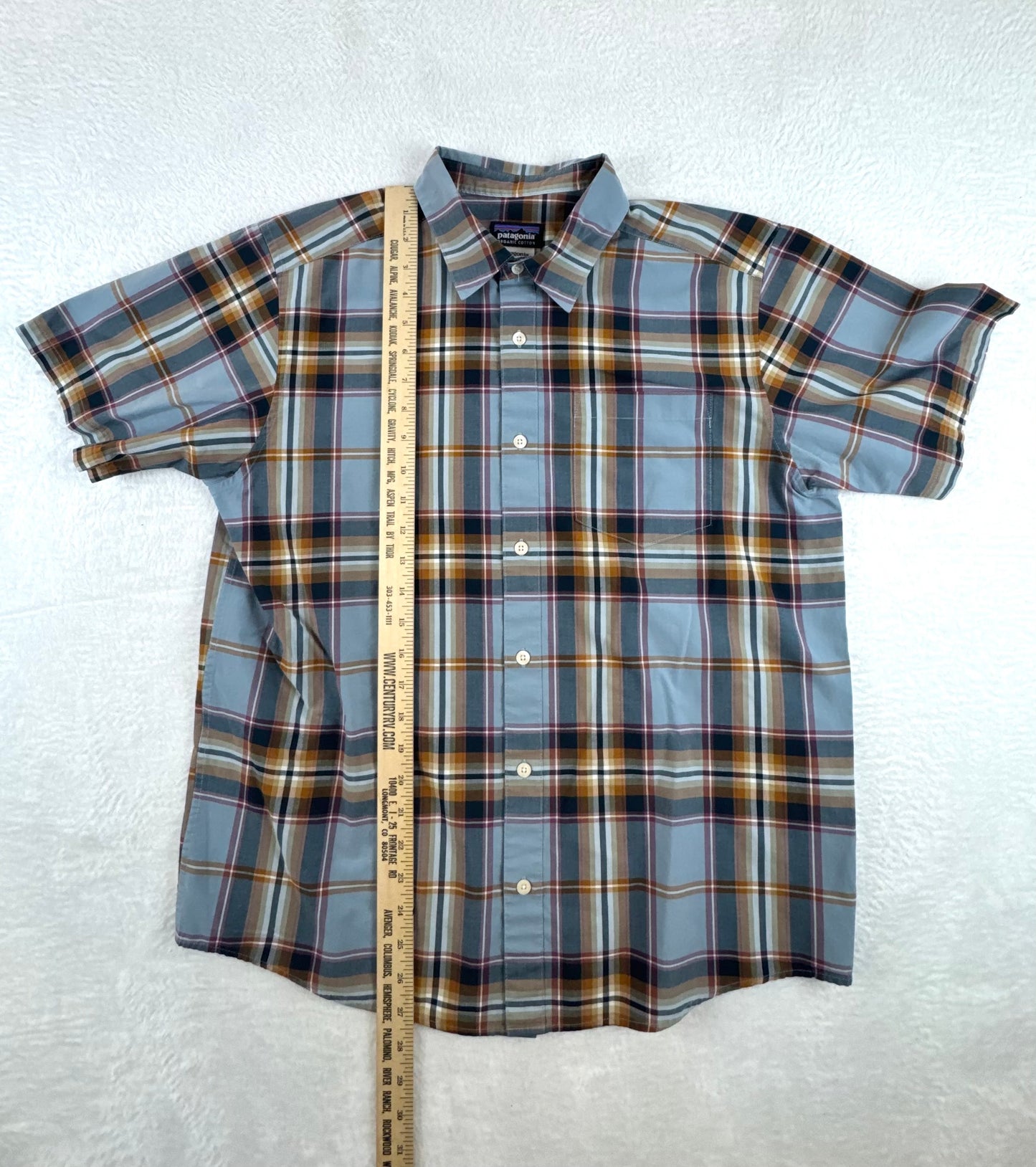 Patagonia Men’s Fezzman Shirt Plaid Organic Cotton Blue/Brown Medium – Fall 2012